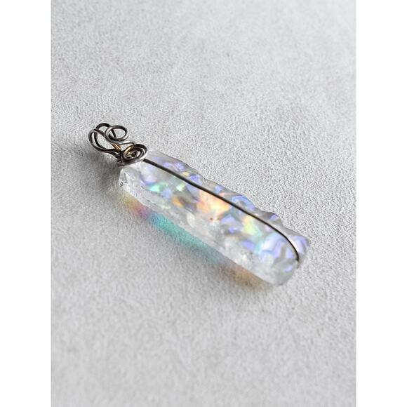 Rectangular Dichroic Glass Boho Pendant Wire Wrapped Iridescent Sheen Handmade - Picture 2 of 4